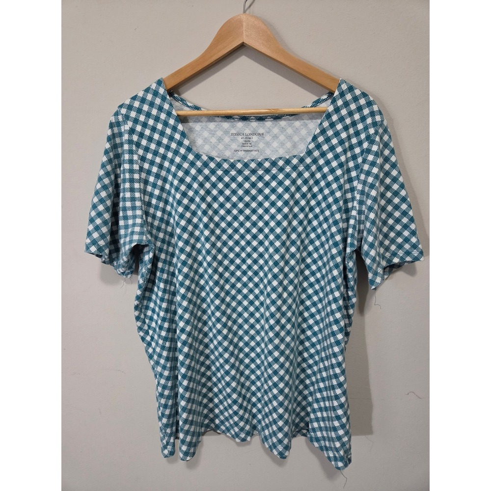 Jessica London Teal Gingham Square Neck Short Sleeve Knit Top Plus Size 18/20